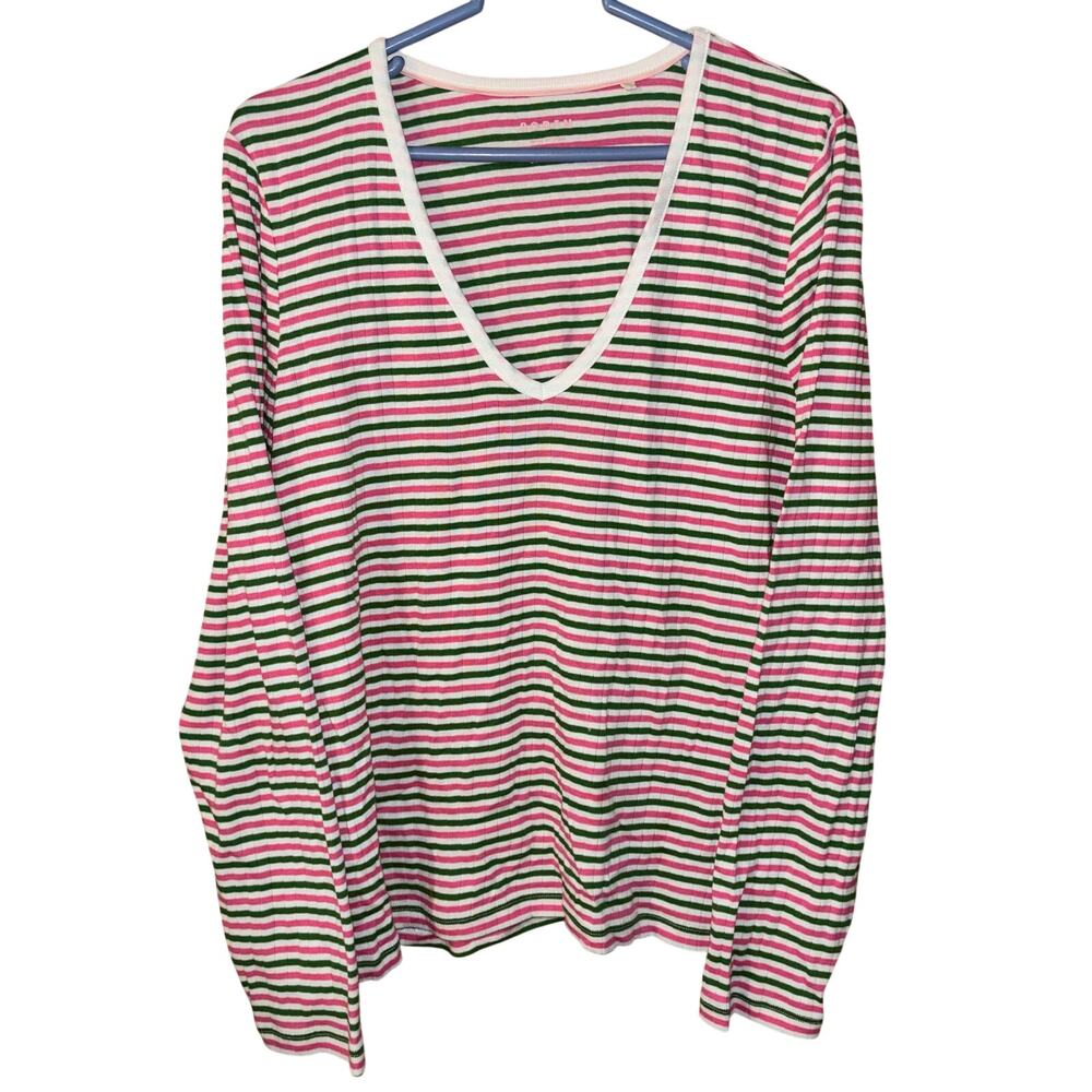Boden women’s plus pink green ribbed striped v-neck long sleeve shirt (US 20-22)